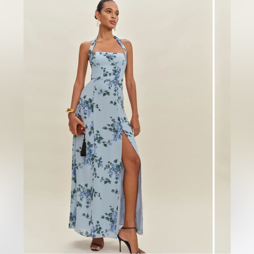 Reformation Light Blue Floral Halter Maxi Dress